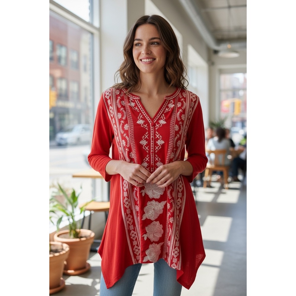 Andree by Unit Red Embroidered Tunic Top V Neck Long Sleeve Boho Chic‎ Small